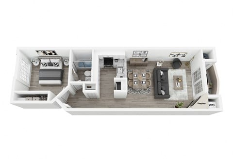 Floor plan for 1 bed, 1 bath, 671 sqft